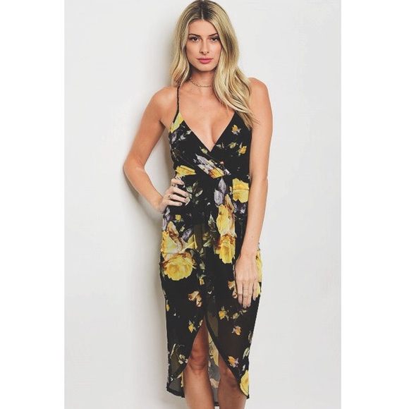 Black Yellow Floral Strappy Hi Low Surplice Dress - Picture 2 of 4